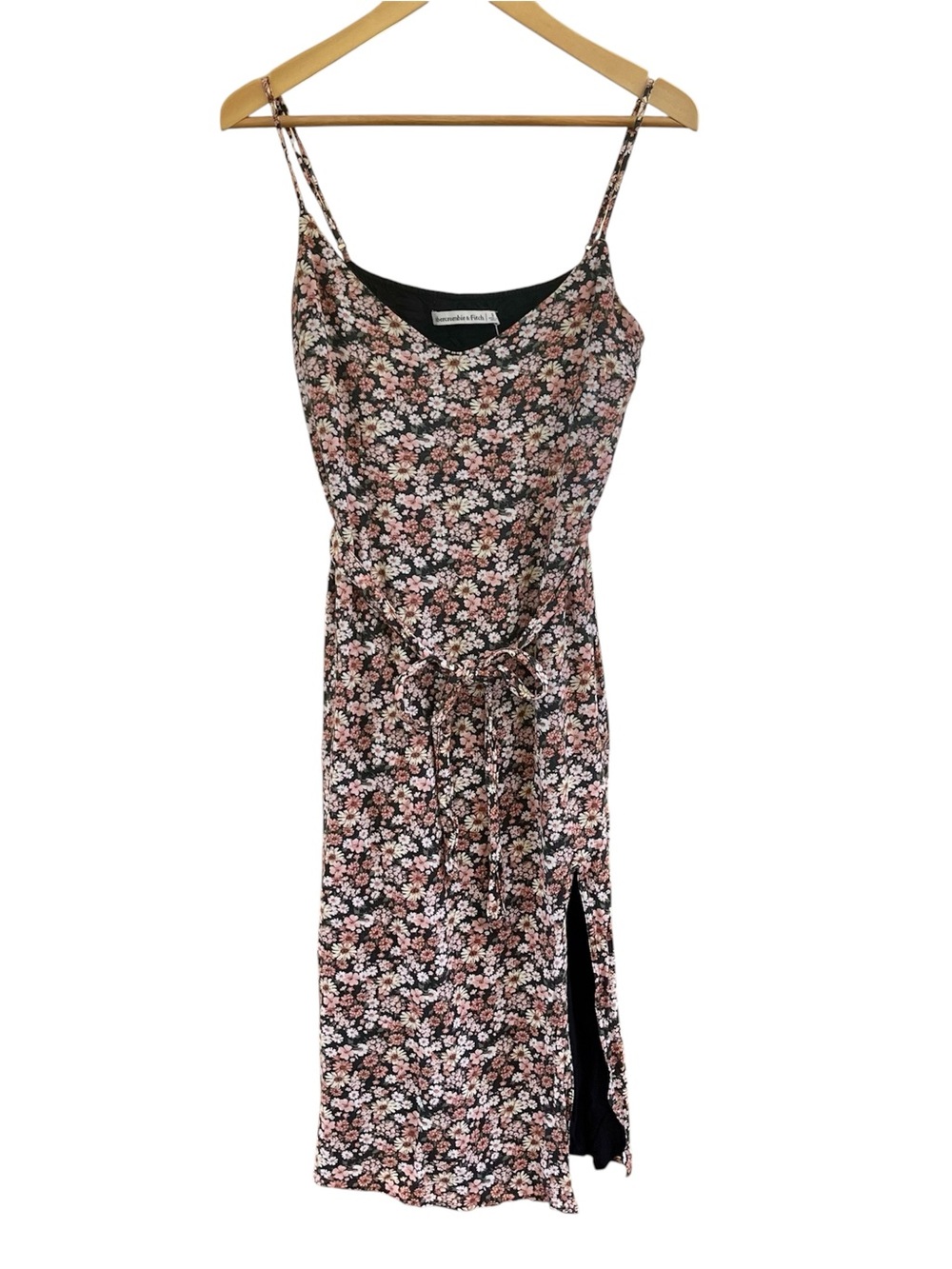 Abercrombie & Fitch Black Floral Spaghetti Midi Dress S Cami Sundress Slit Tie